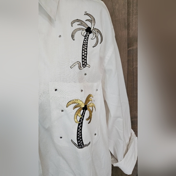 Vintage LAS OLAS Embroidered Button Down Shirt with Tropical Print White/gold. S - Picture 10 of 14